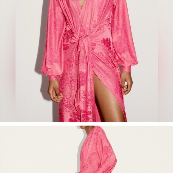 NWT ZARA Bright Pink Floral Jacquard Jersey Long Wrap Dress M - Picture 2 of 5